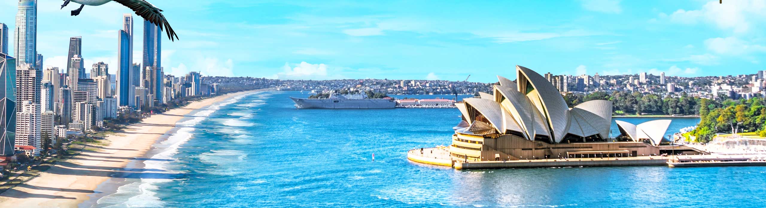 澳洲印象,左邊是黃金海岸高樓,右邊是雪梨灣與雪梨歌劇院